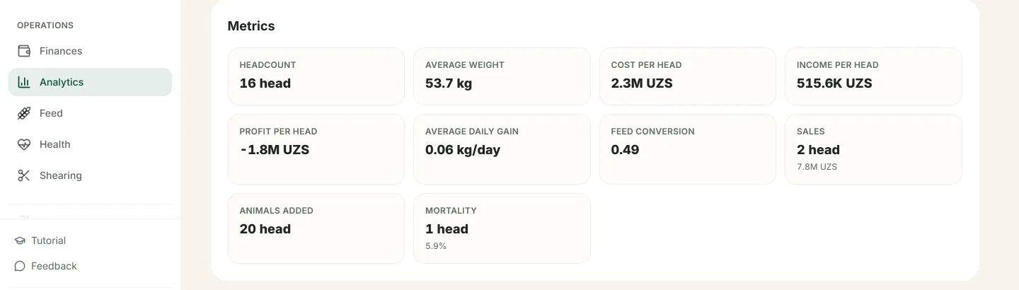 Flock figures for a period: weight, gain and profit per head.