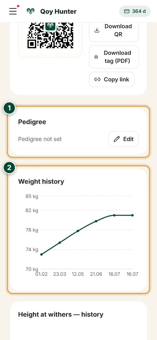 Animal card — Pedigree and weight: How to use it (Phone) — QoyHunter