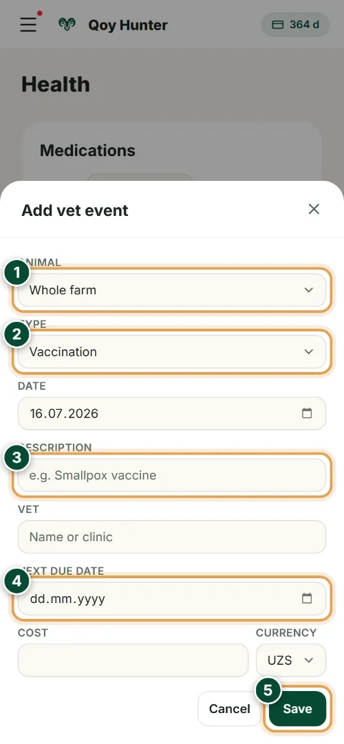 Health and treatments — New vet event: How to use it (Phone) — QoyHunter