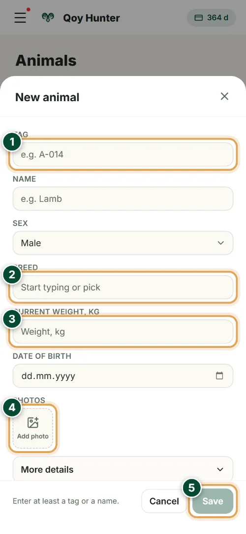 Livestock records — New animal card: How to use it (Phone) — QoyHunter