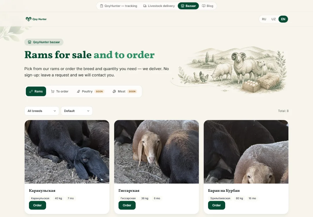 bazar.qoyhunter.com storefront: rams for sale with photo, breed, weight and age