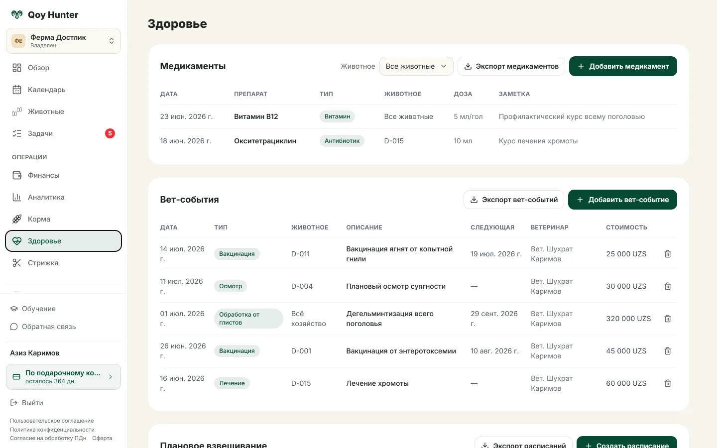 Журнал вет-событий с плановой датой следующей обработки.