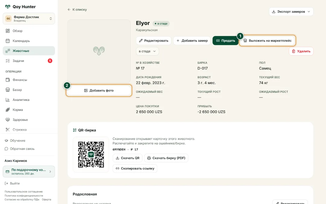 Маркетплейс и продажи — Выложить животное на маркетплейс: Как пользоваться — QoyHunter
