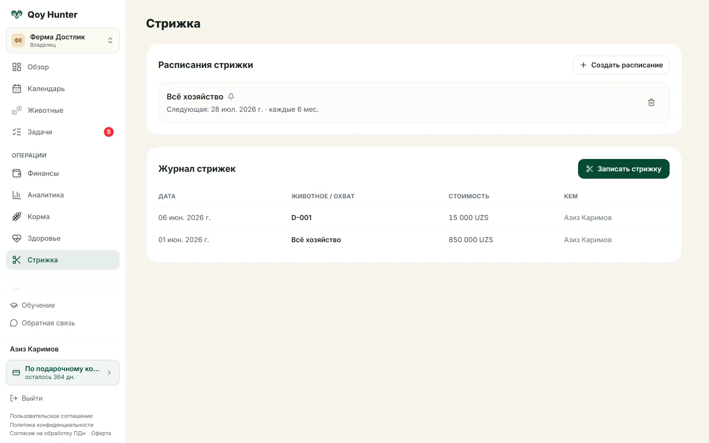 Расписание стрижки с датой следующей и журналом работ.