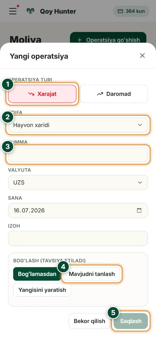 Moliya va foyda — Yangi operatsiya: Qanday foydalanish (Telefon) — QoyHunter
