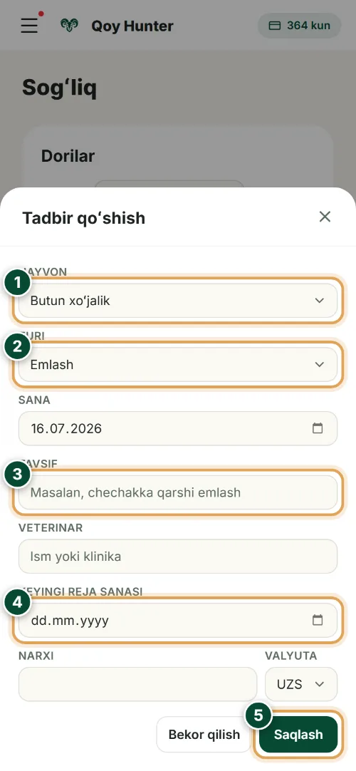 Salomatlik va veterinariya ishlovlari — Yangi veterinariya tadbiri: Qanday foydalanish (Telefon) — QoyHunter