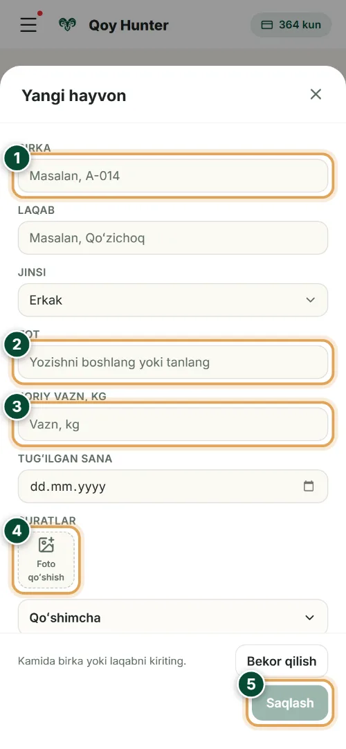 Bosh sonini hisobga olish — Yangi hayvon kartasi: Qanday foydalanish (Telefon) — QoyHunter