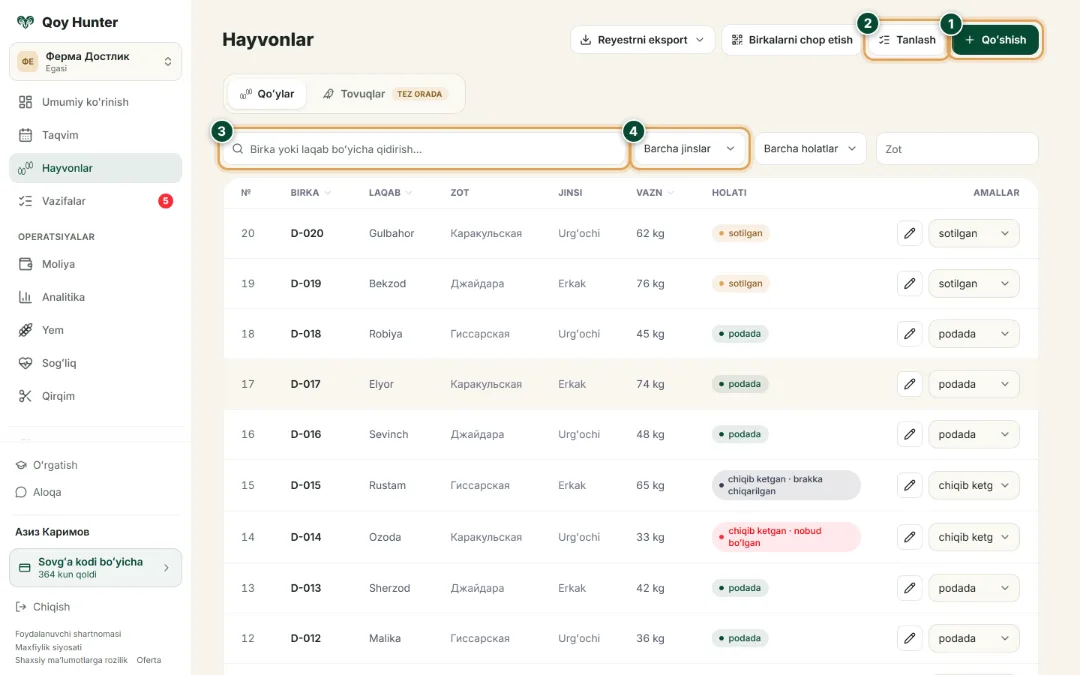 Bosh sonini hisobga olish — «Hayvonlar» ekrani: Qanday foydalanish — QoyHunter