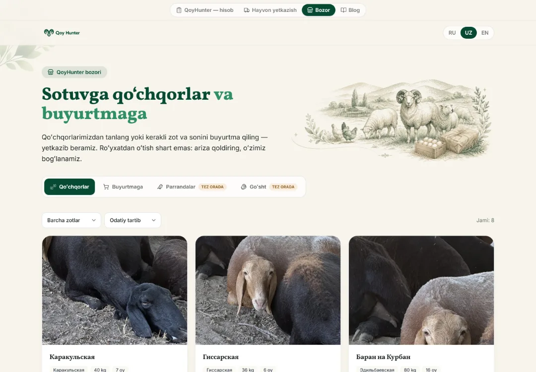 bazar.qoyhunter.com vitrinasi: sotuvdagi qoʻchqorlar — foto, zot, vazn va yosh bilan