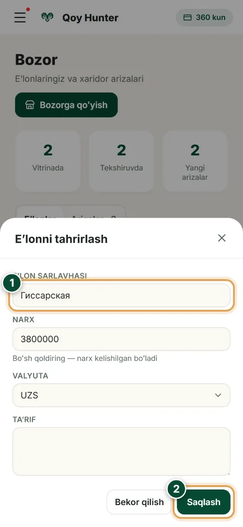 Bozor va sotuvlar — Eʼlonni tahrirlash: Qanday foydalanish (Telefon) — QoyHunter