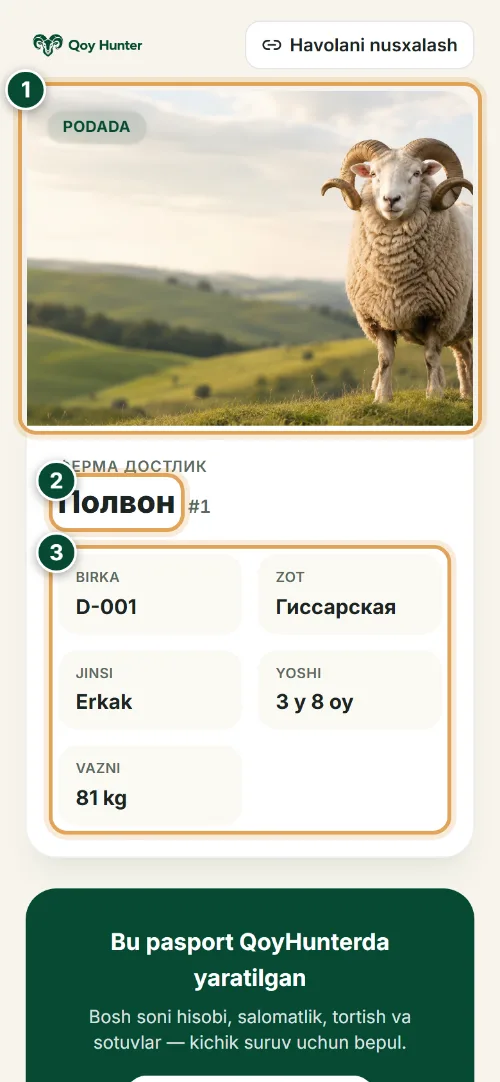 QR-birkalar va hayvon pasporti — Hayvonning ochiq pasporti: Qanday foydalanish (Telefon) — QoyHunter