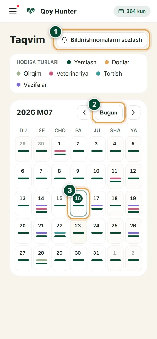 Vazifalar va kalendar — «Taqvim» ekrani: Qanday foydalanish (Telefon) — QoyHunter