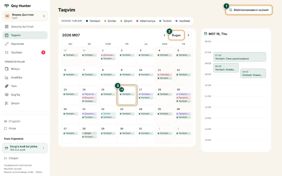 Vazifalar va kalendar — «Taqvim» ekrani: Qanday foydalanish — QoyHunter