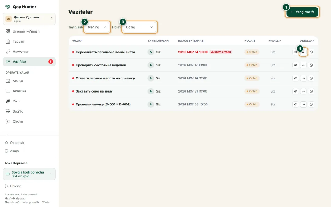 Vazifalar va kalendar — «Vazifalar» ekrani: Qanday foydalanish — QoyHunter